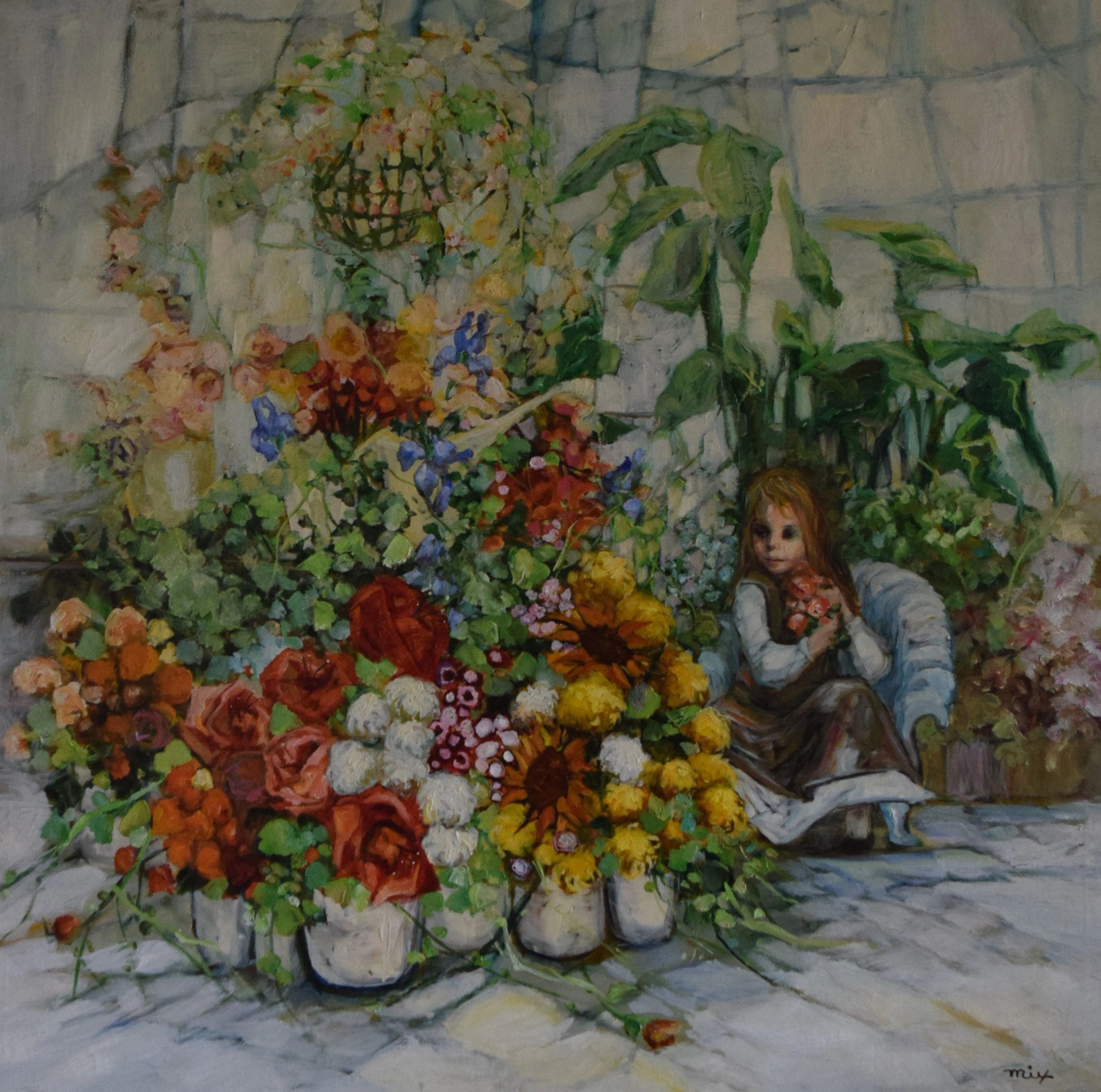 Colorful impressionistic floral painting in a gallery setting