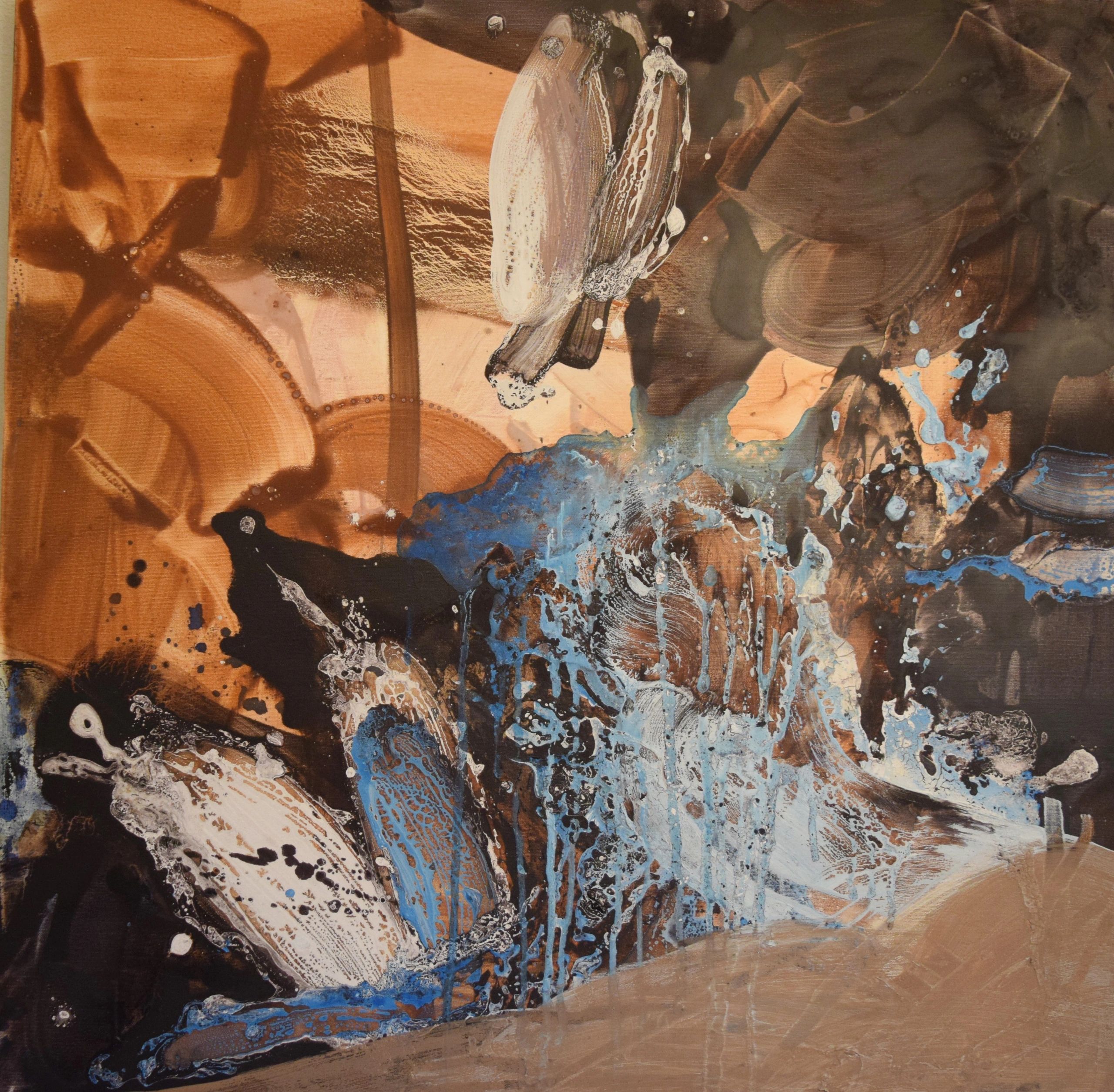 Abstract painting in ochre, charcoal, cream and blue